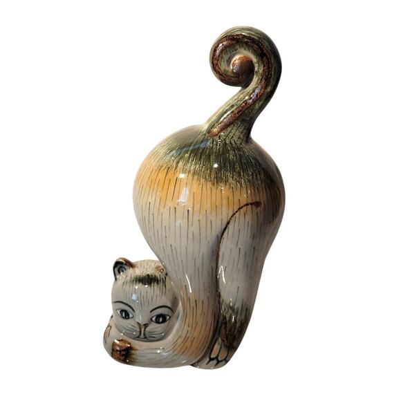 Cat Figurine Tonala Mexican Pottery Grayish Green Signed Whimsical Home Decor - Picture 1 of 12